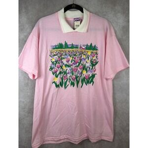 VTG NWT Daybreak Polo Shirt Womens XL Pink Tulip Floral Cottagecore Singlestitch